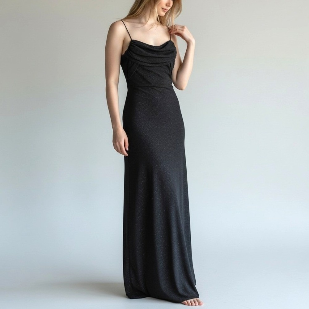Vtg Betsy & Adam 90s Y2K Black Shimmer Cowl Neck Draped Back Gown Fairy Goth 10